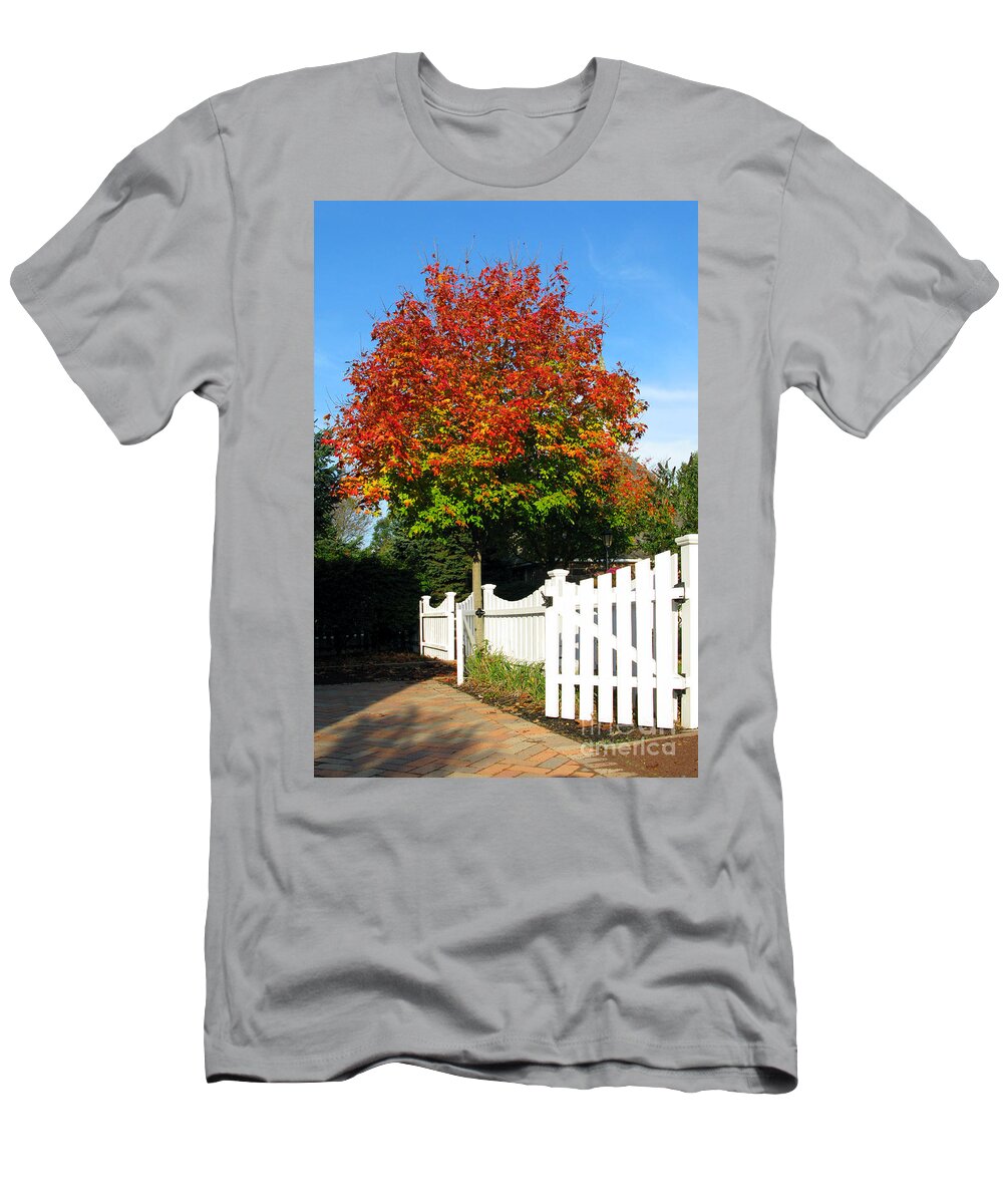 Alley T-Shirt featuring the photograph Maple and Picket Fence by Olivier Le Queinec
