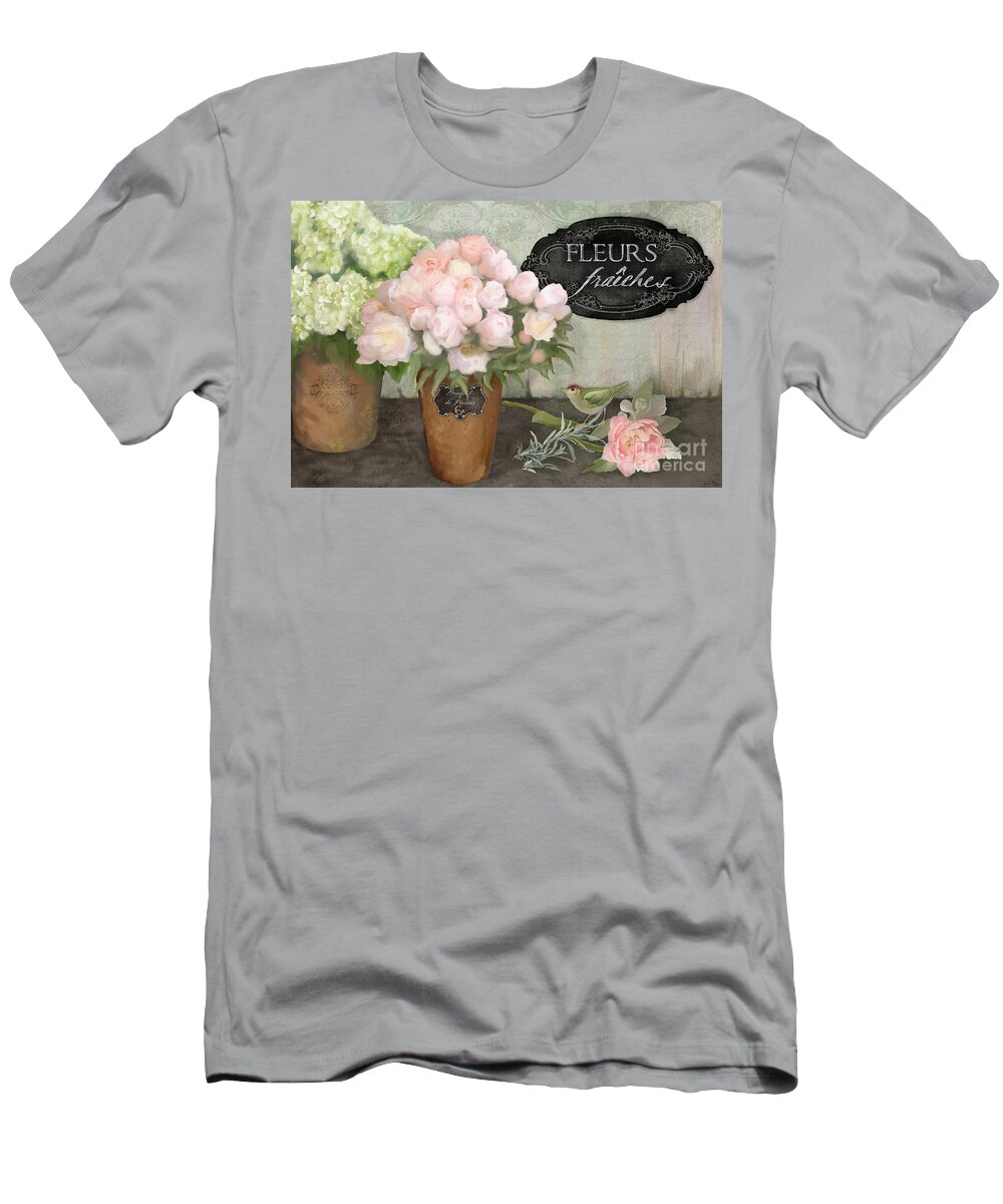 French Flower Market T-Shirt featuring the painting Marche aux Fleurs 2 - Peonies n Hydrangeas w Bird by Audrey Jeanne Roberts