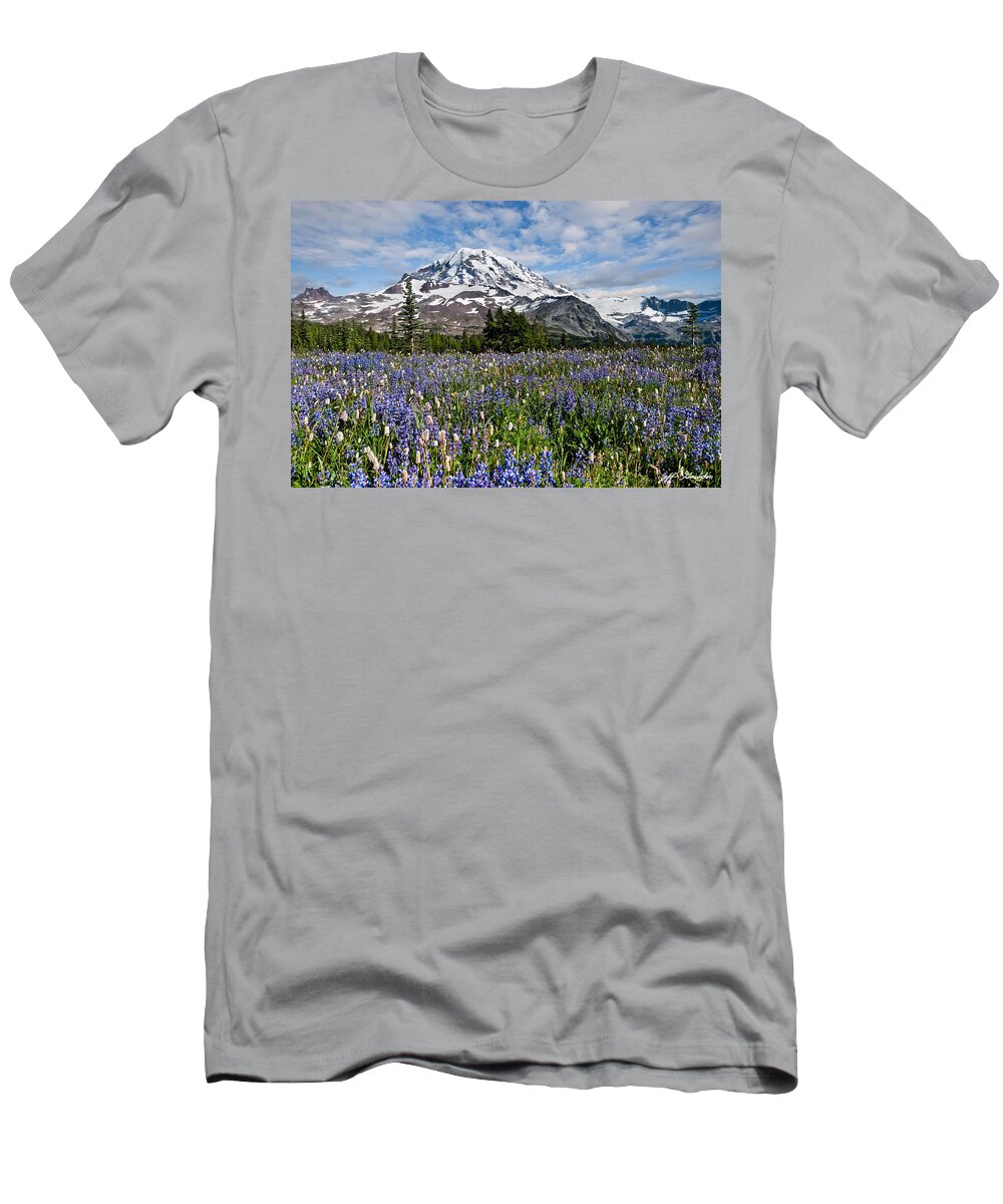 Alpine T-Shirt featuring the photograph Meadow of Lupine Near Mount Rainier by Jeff Goulden