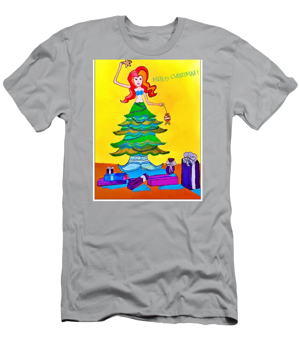 Christmas Mermaid T-Shirt featuring the painting Mer-ry Christmas Mermaid Tree  by Pamela Smale Williams