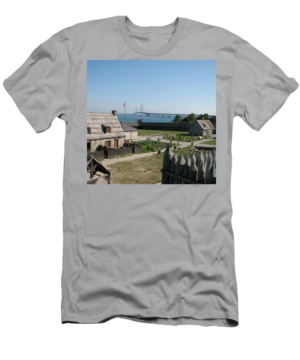 Colonial Michilmackinac T-Shirt featuring the photograph Michilimackinac and Mackinac Bridge by Keith Stokes