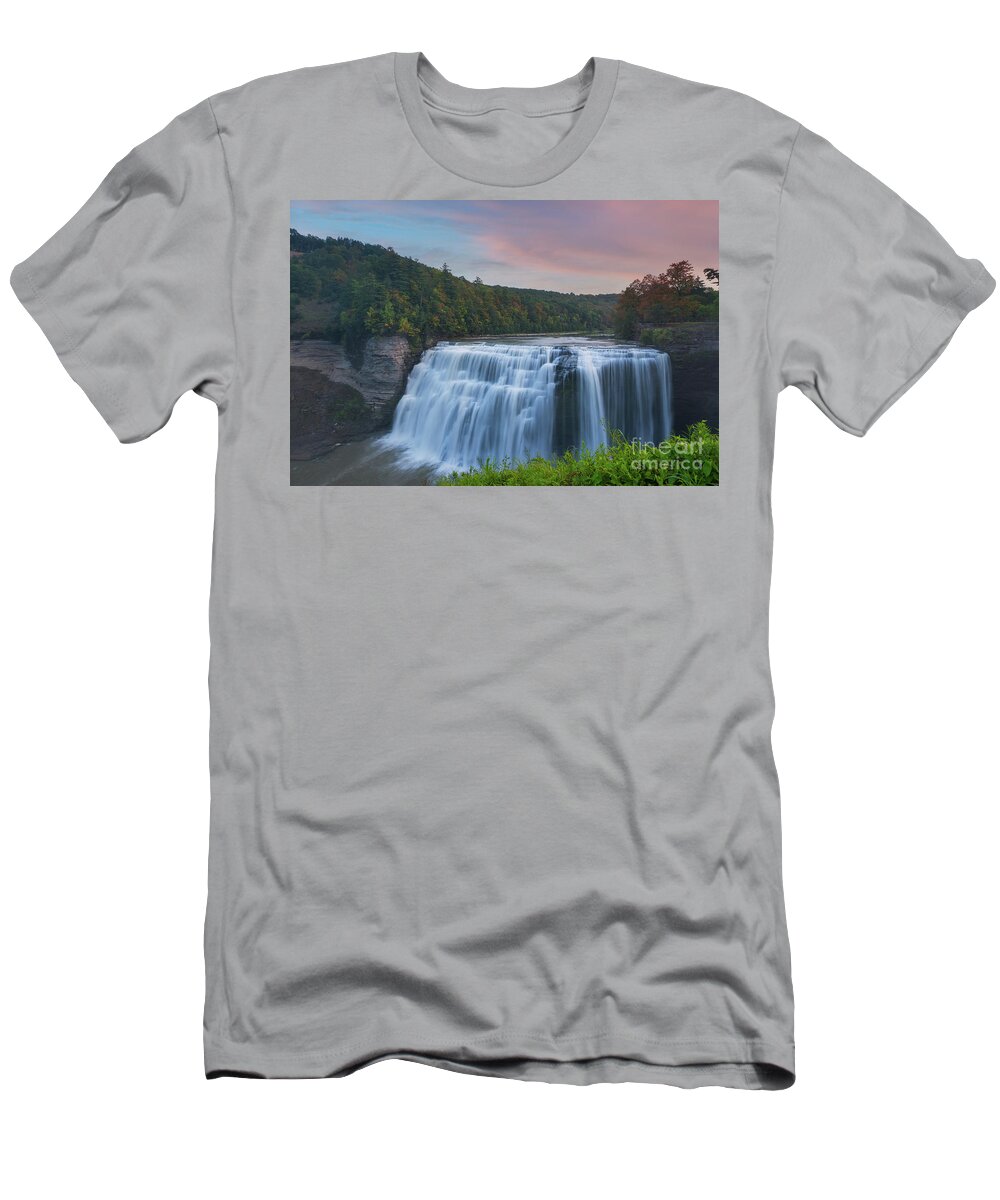 Letchworth State Park T-Shirt featuring the photograph Middle Falls Sunset by Michael Ver Sprill