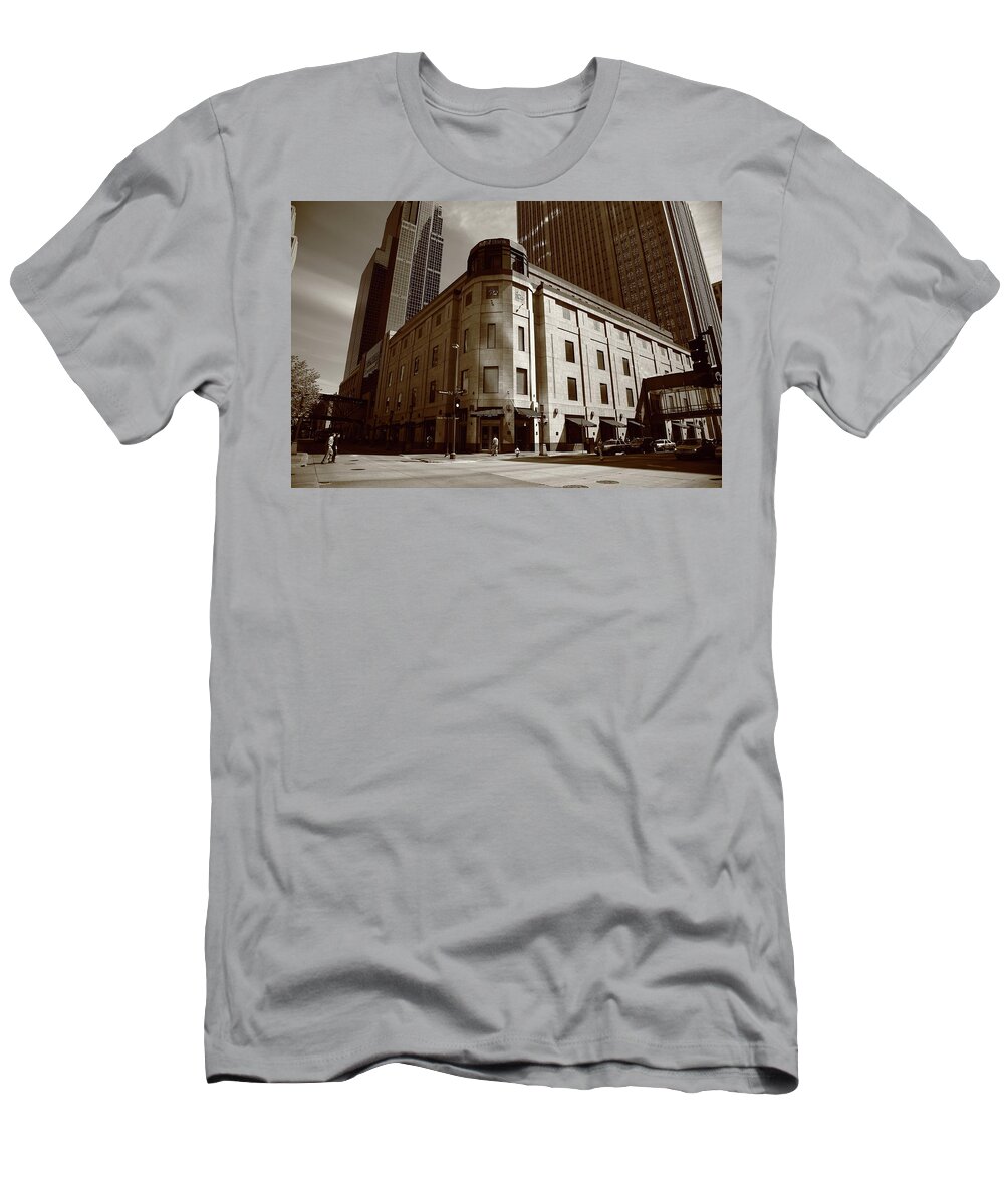 America T-Shirt featuring the photograph Minneapolis Downtown Sepia by Frank Romeo