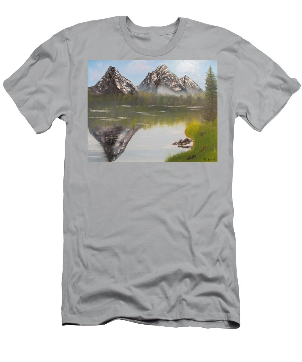 Mountain T-Shirt featuring the painting Mirror Mountain by Thomas Janos