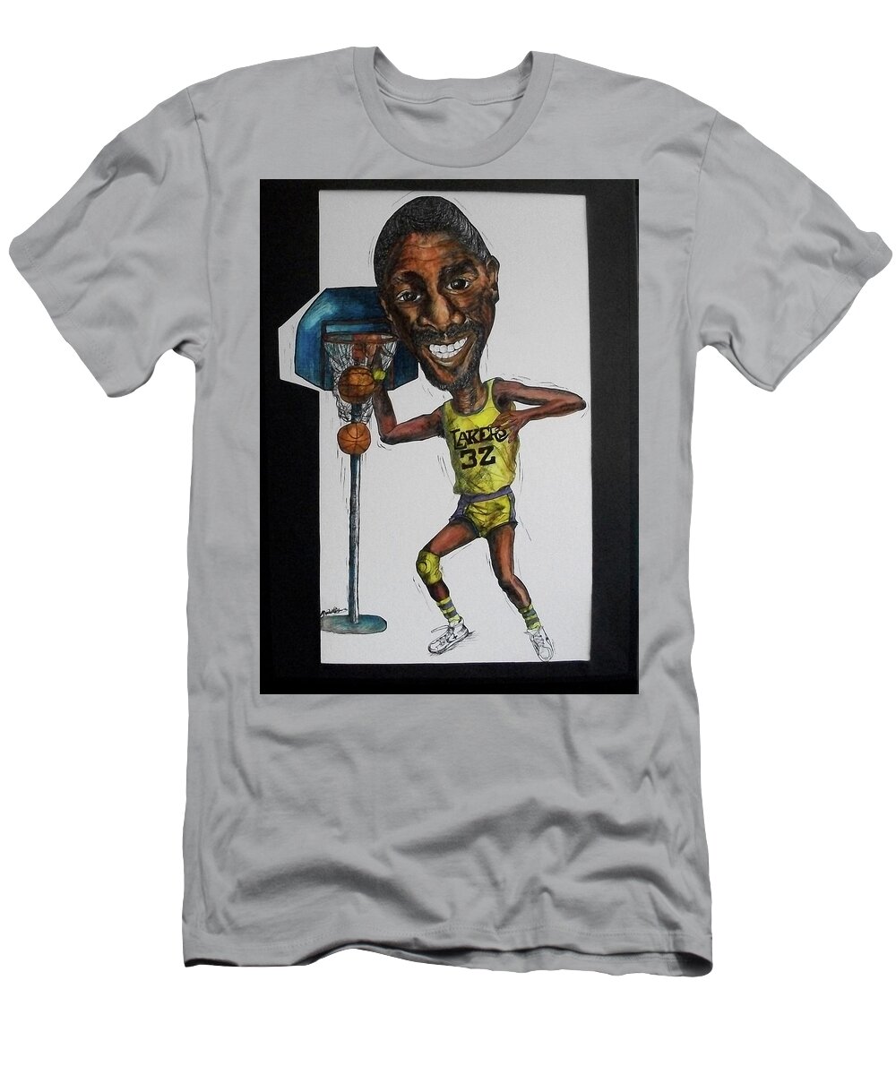 Magic Johnson T-Shirt featuring the mixed media MJ Caricature by Michelle Gilmore
