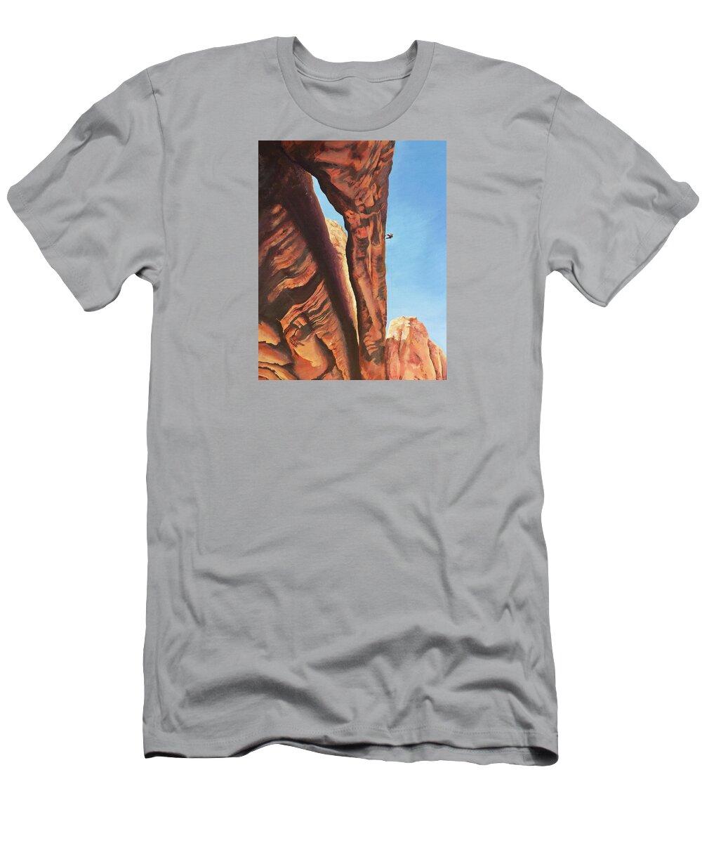 Moab T-Shirt featuring the painting Moab Arch Rappel by Leizel Grant