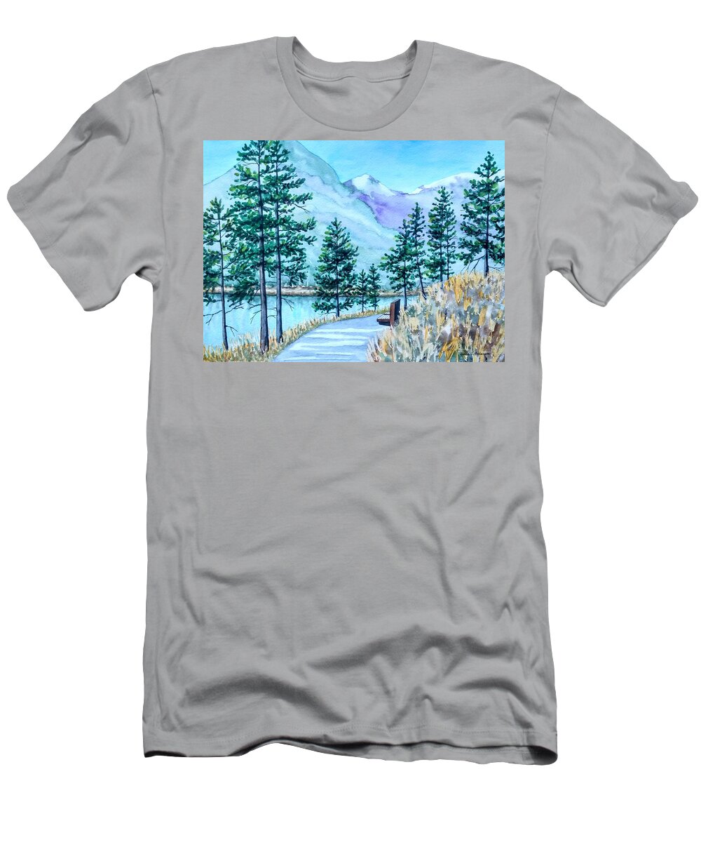 Montana T-Shirt featuring the painting Montana Lake Como with Bench by Laurie Anderson