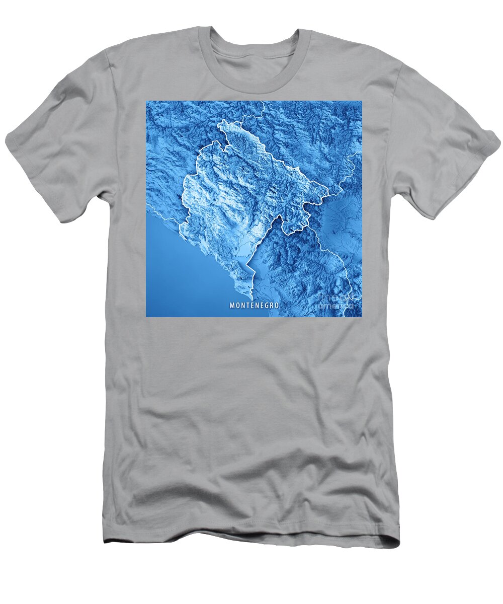 Montenegro T-Shirt featuring the digital art Montenegro Country 3D Render Topographic Map Blue Border by Frank Ramspott