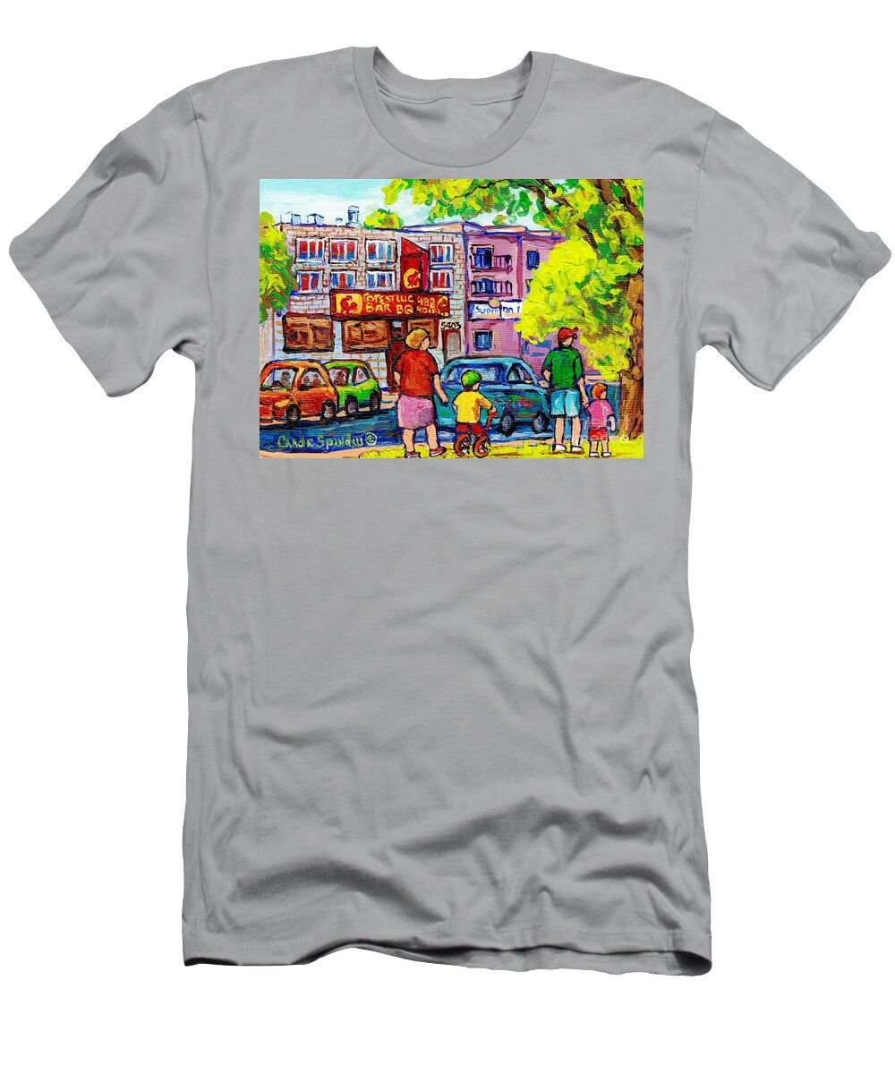 Montreal T-Shirt featuring the painting Montreal Paintings Cote St Luc Bbq Decarie And Girouard Summer Cityscape C Spandau Canadian Art by Carole Spandau