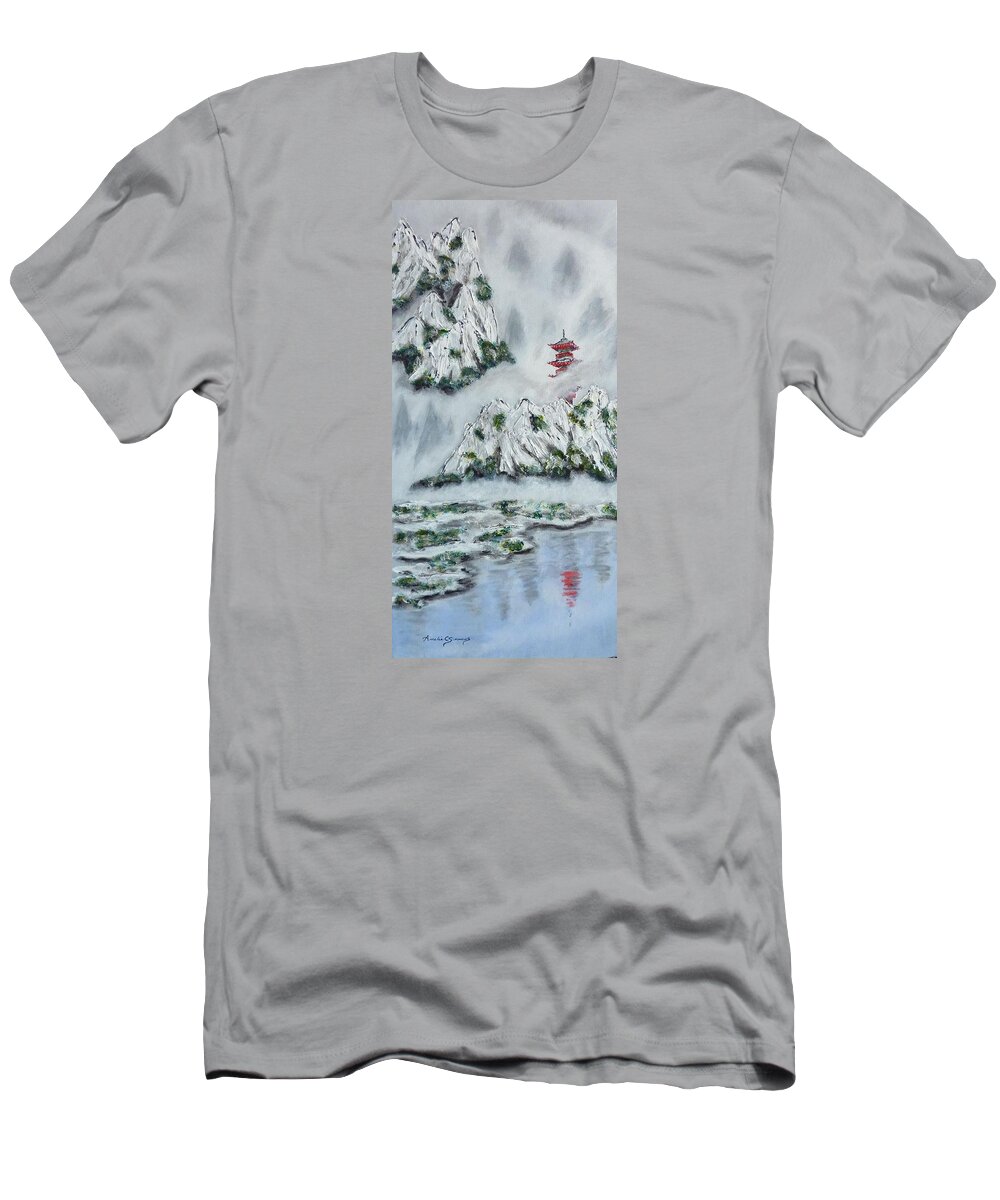 Morning Mist T-Shirt featuring the painting Morning Mist 1 by Amelie Simmons