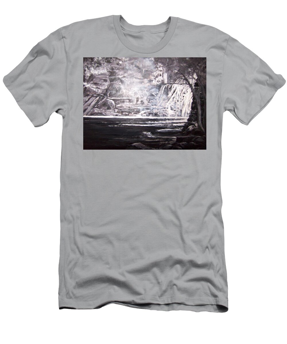 Waterfall T-Shirt featuring the painting Morning Mist -Theresa Falls by Jan Byington