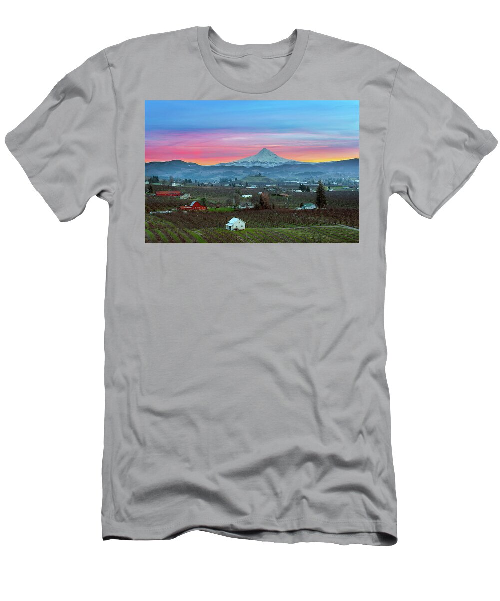 Mount Hood T-Shirt featuring the photograph Mount Hood over Hood River at Sunset by David Gn