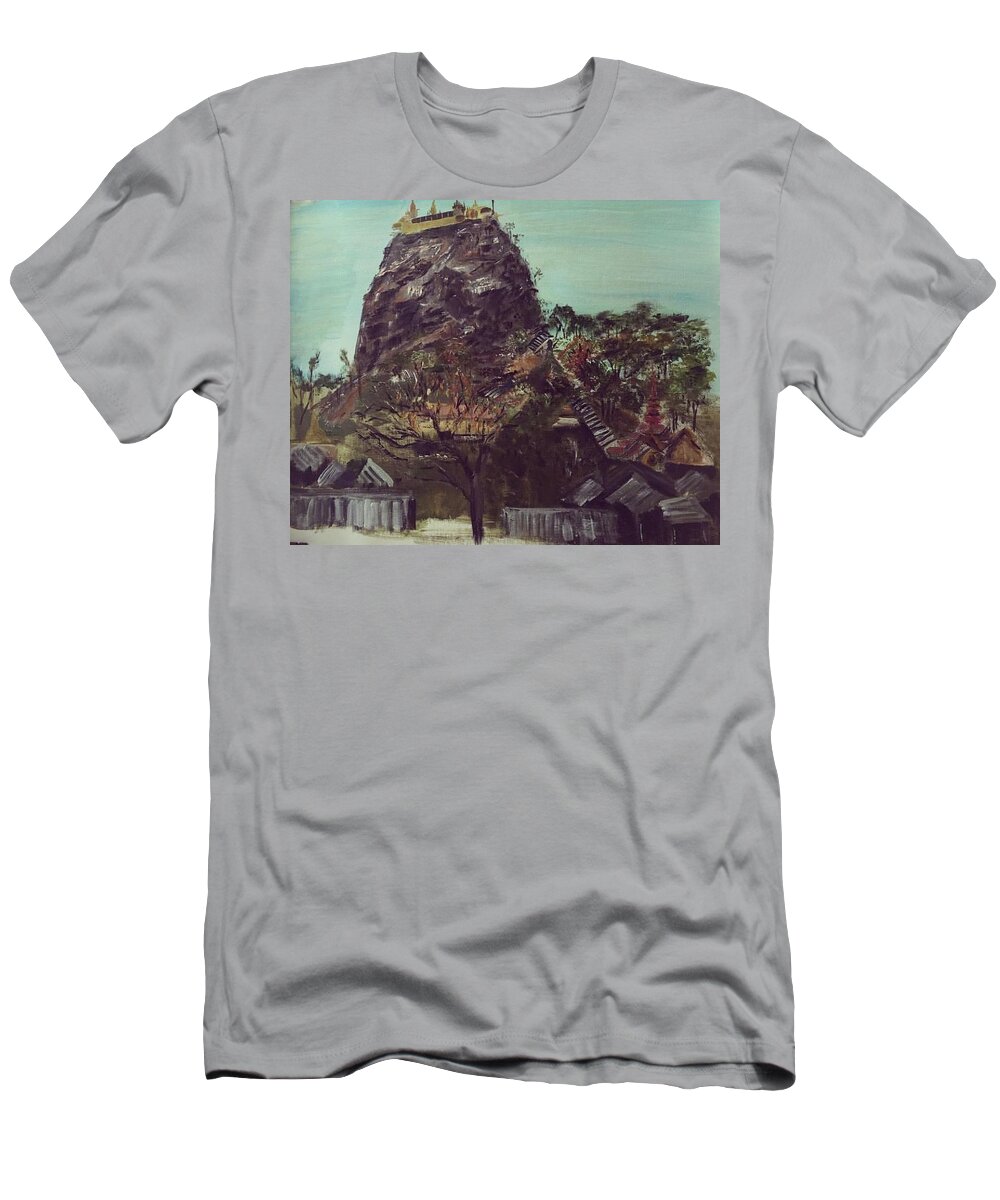 Mountain T-Shirt featuring the painting Mount Popa by Belinda Low