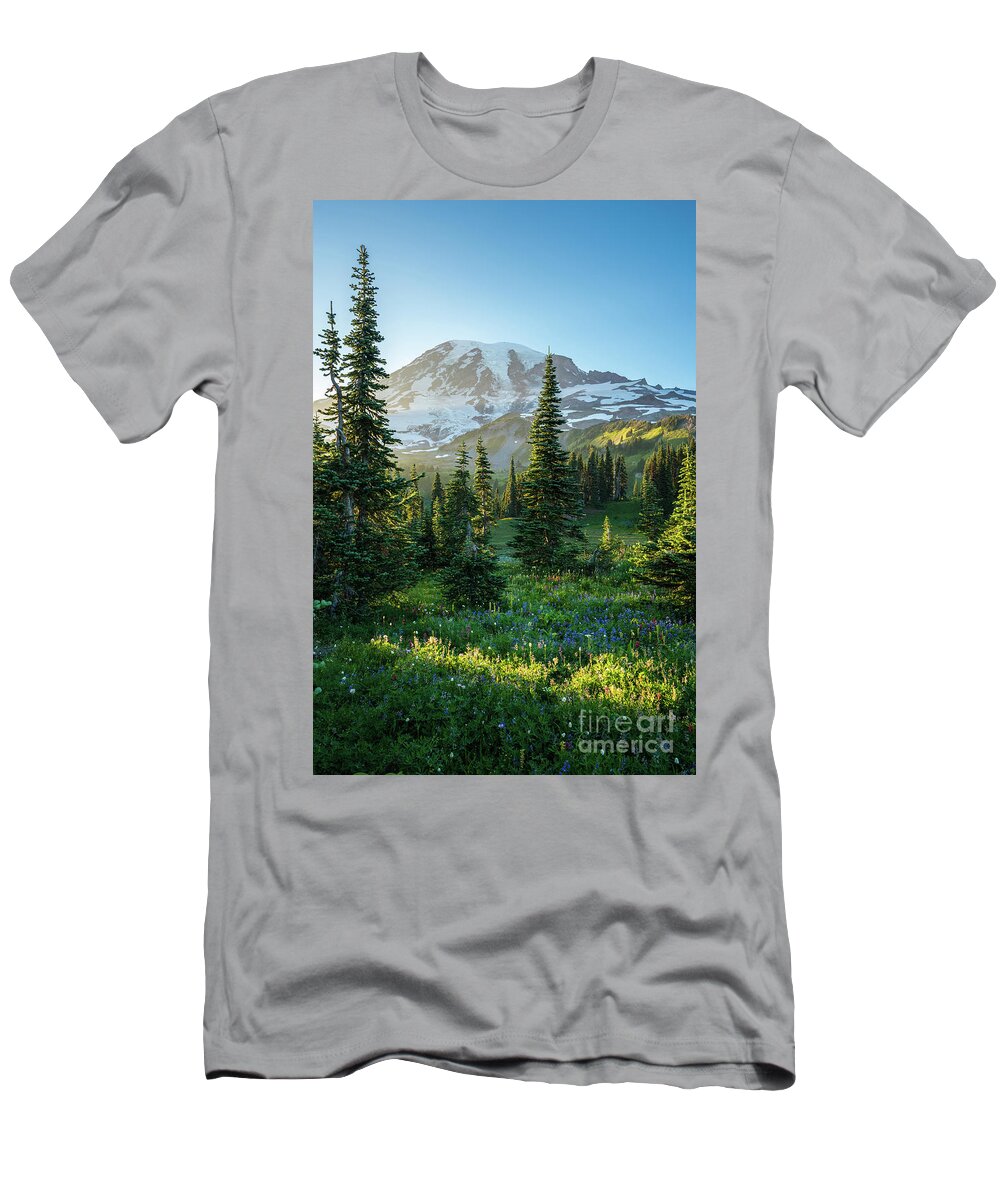 Mount Rainier T-Shirt featuring the photograph Mount Rainier Golden Meadows Light and Shadows by Mike Reid