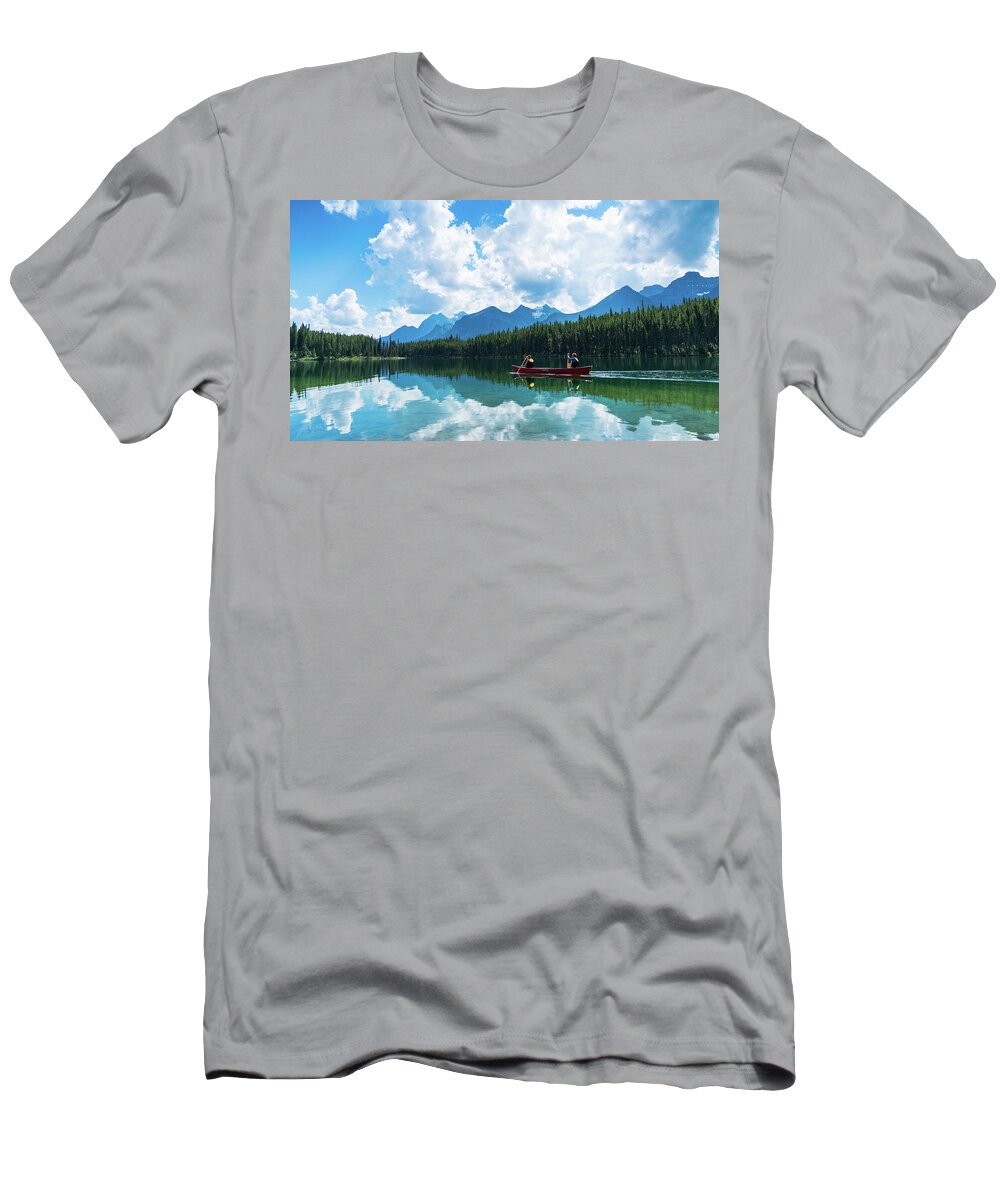 Canada T-Shirt featuring the photograph Mountain Lake Canoe Reflection Banff Canada by Lawrence S Richardson Jr