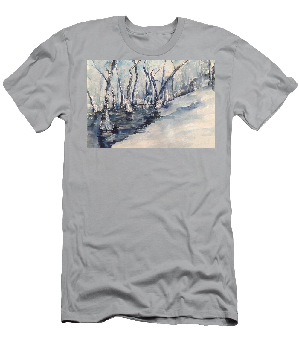 North Little Rock T-Shirt featuring the painting Nancy's Creek Winter of 2012 by Robin Miller-Bookhout