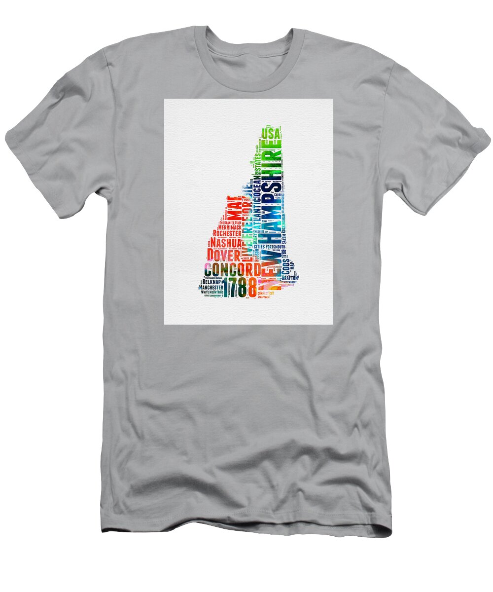  T-Shirt featuring the digital art New Hampshire Watercolor Word Map by Naxart Studio