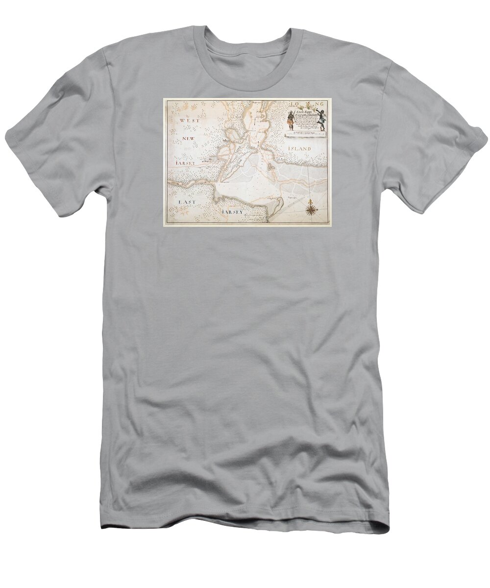 Hudson T-Shirt featuring the digital art New York Harbor map 1700 by Vincent Monozlay