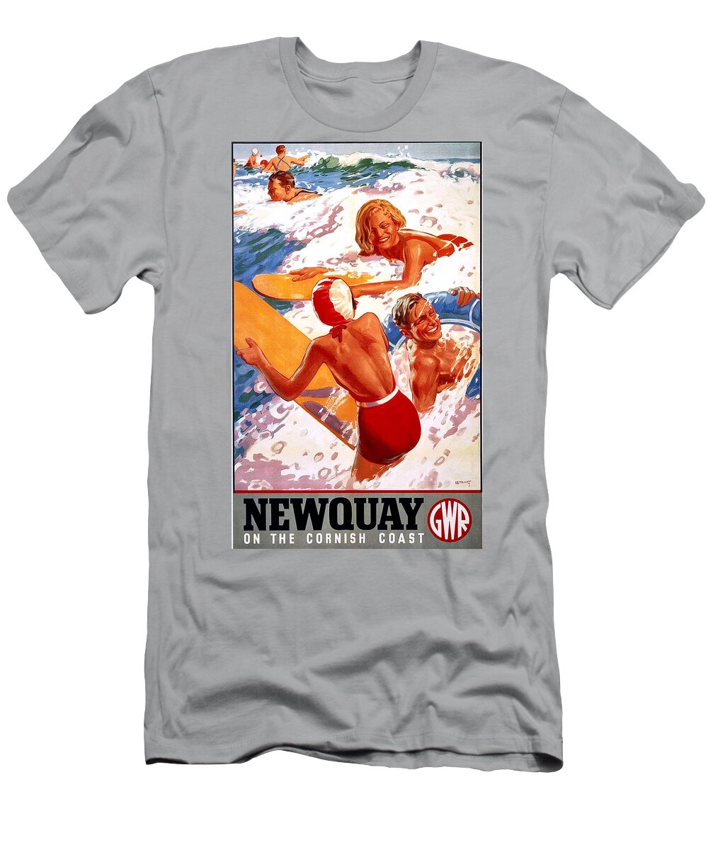 Newquay T-Shirt featuring the painting Newquay on the Cornish Coast, water plays, travel poster by Long Shot