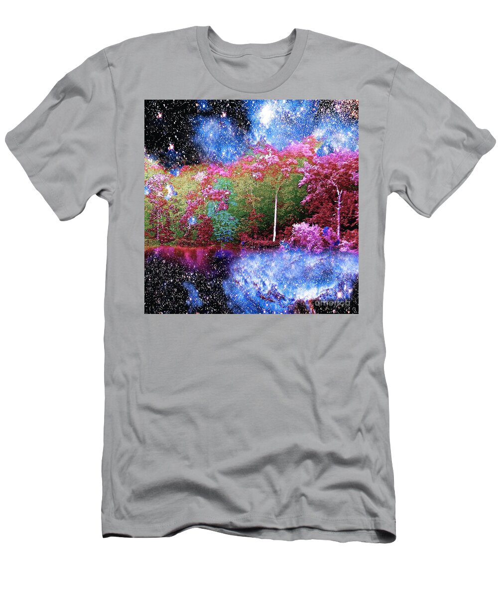 Night T-Shirt featuring the painting Night Trees Starry Lake by Saundra Myles
