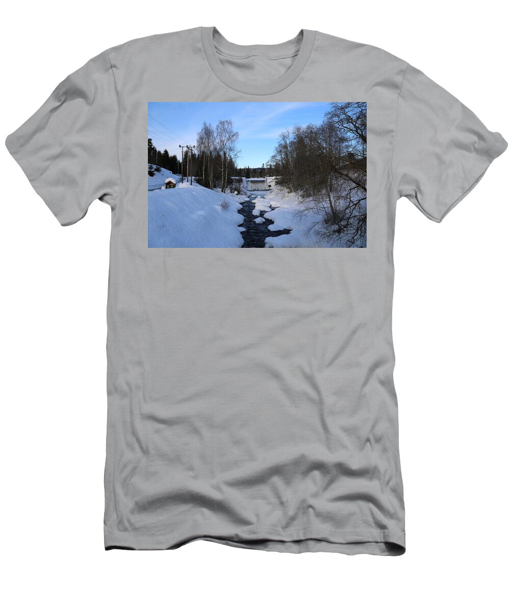 Waterfront Trees Winter Snow Water Bluesky Scandinavia Norway Europe Countryside Trees T-Shirt featuring the digital art Norwegian Winter landscape. by Jeanette Rode Dybdahl