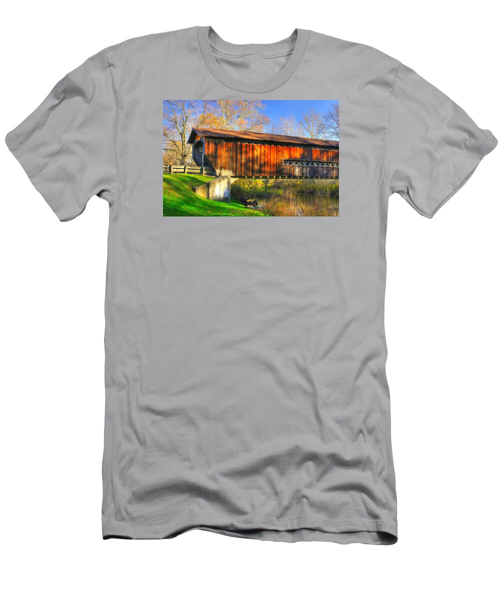 Benetka Road Covered Bridge T-Shirt featuring the photograph Ohio Country Roads - Benetka Road Covered Bridge Over the Ashtabula River - Ashtabula County by Michael Mazaika