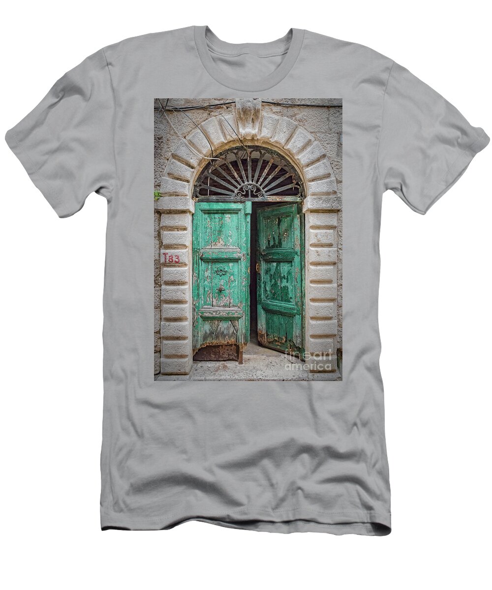 Kotor T-Shirt featuring the photograph Old Green Door in Kotor by Antony McAulay