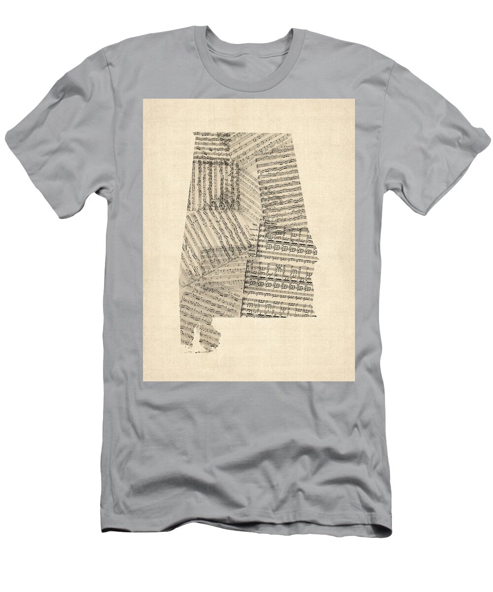 Alabama T-Shirt featuring the digital art Old Sheet Music Map of Alabama by Michael Tompsett