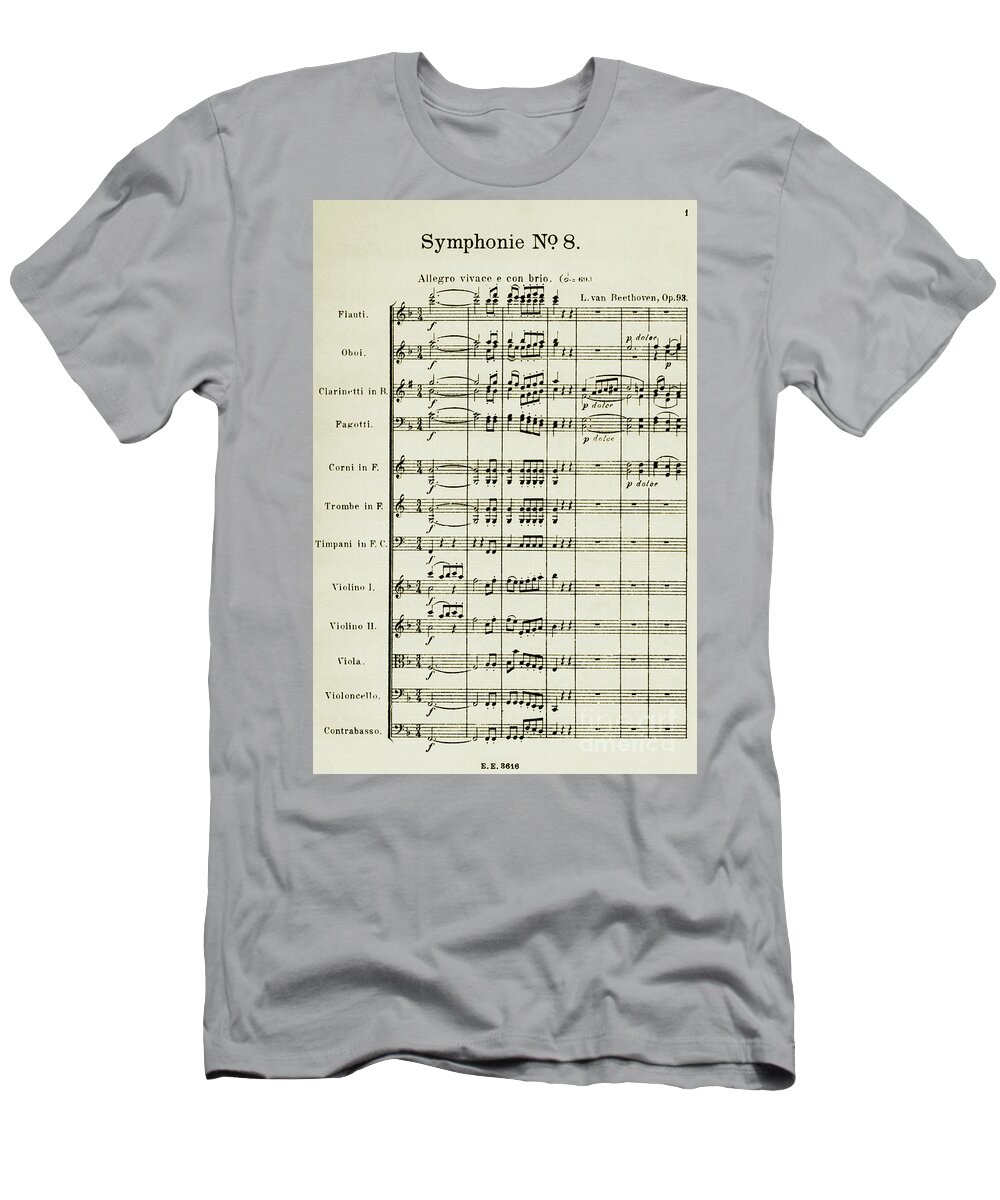 Ludwig Van Beethoven T-Shirt featuring the drawing Opening page of score for Symphony Number Eight in F Major by Beethoven