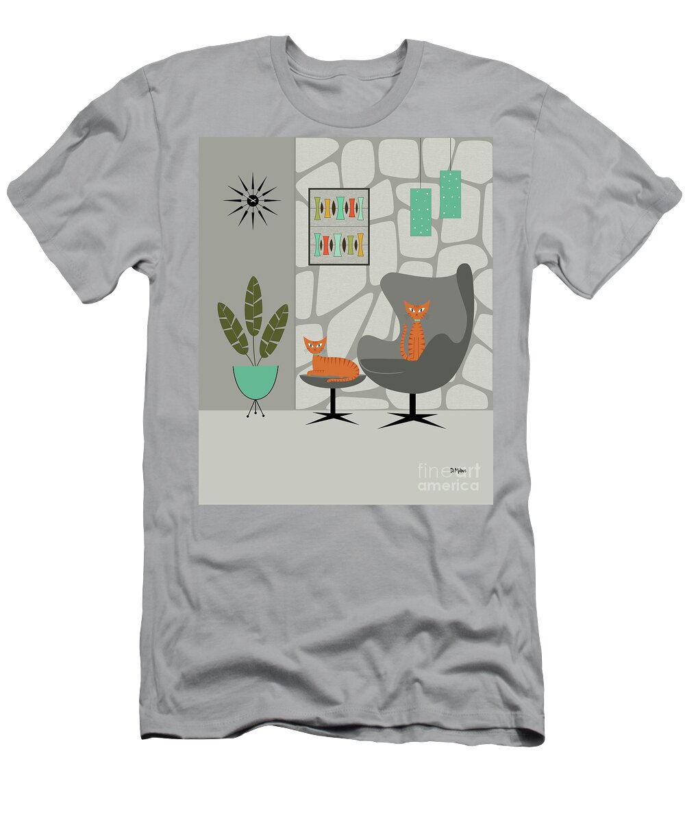 Mid Century Modern T-Shirt featuring the digital art Orange Cat in Gray Stone Wall by Donna Mibus