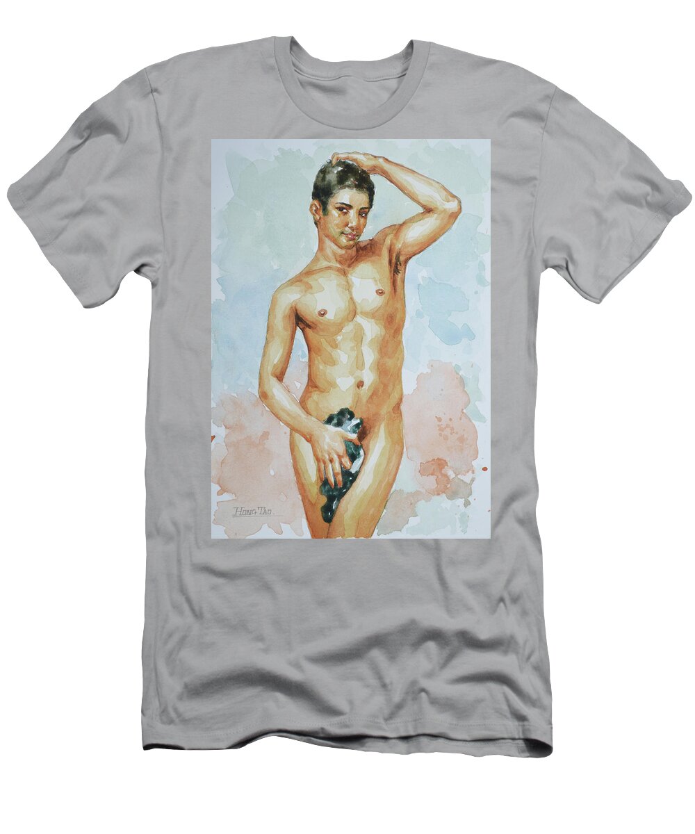Original Art T-Shirt featuring the painting Original Watercolor Painting Art Male Nude Boy Gay Men On Paper#10-07-07 by Hongtao Huang