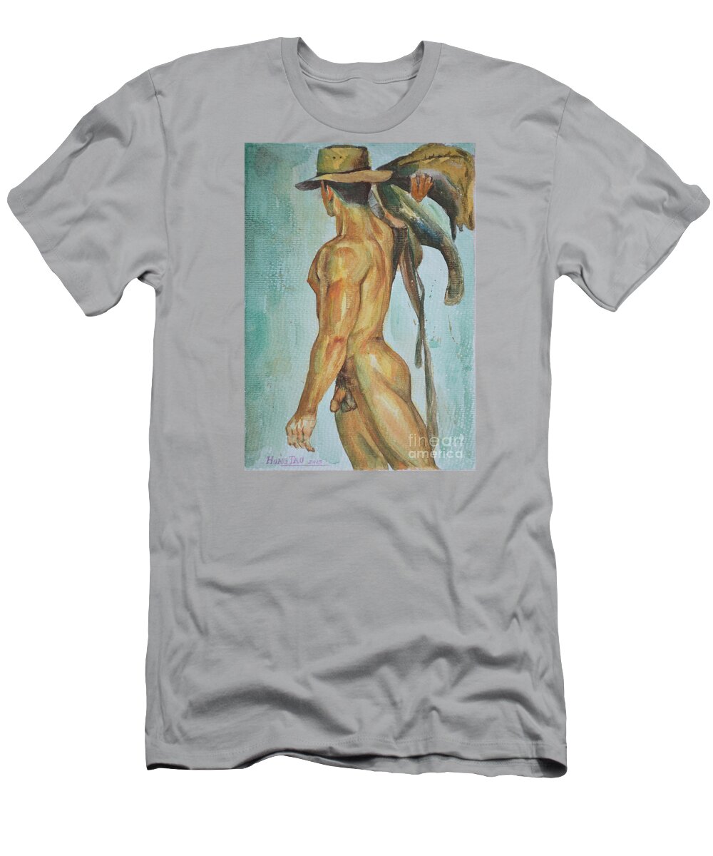 Original Art T-Shirt featuring the painting Original Watercolor Painting Man Body Art Male Nude Cowboy On Paper -065 by Hongtao Huang