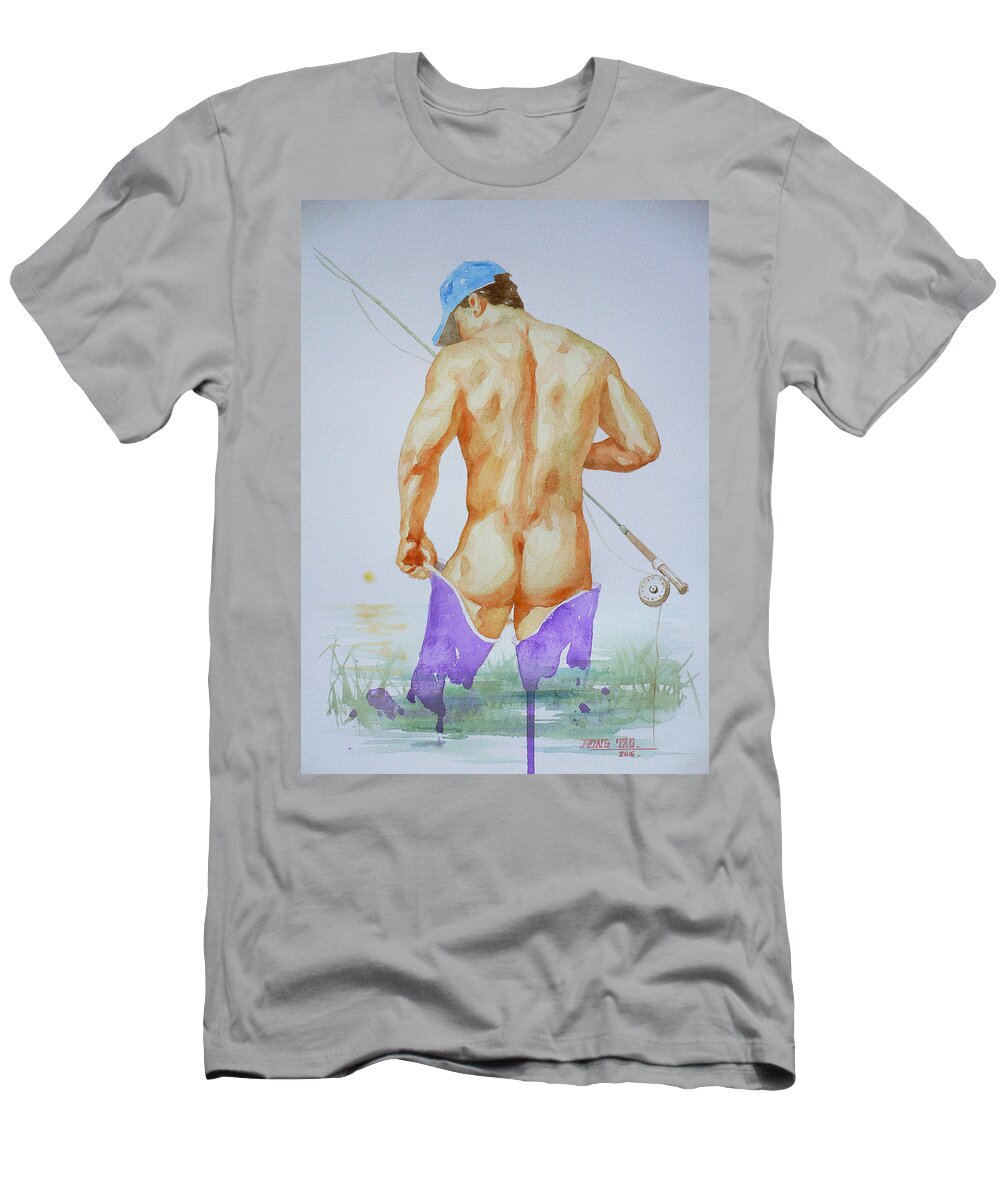 Watercolour Painting T-Shirt featuring the painting Original Watercolour Painting Art Male Nude#20202089 by Hongtao Huang