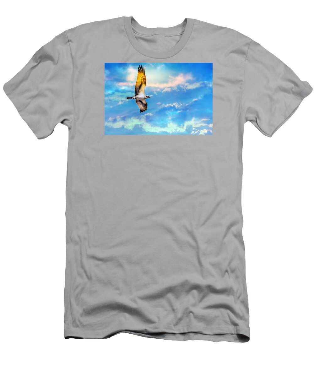 Osprey T-Shirt featuring the photograph Osprey soaring high against a beautiful sky by Patrick Wolf