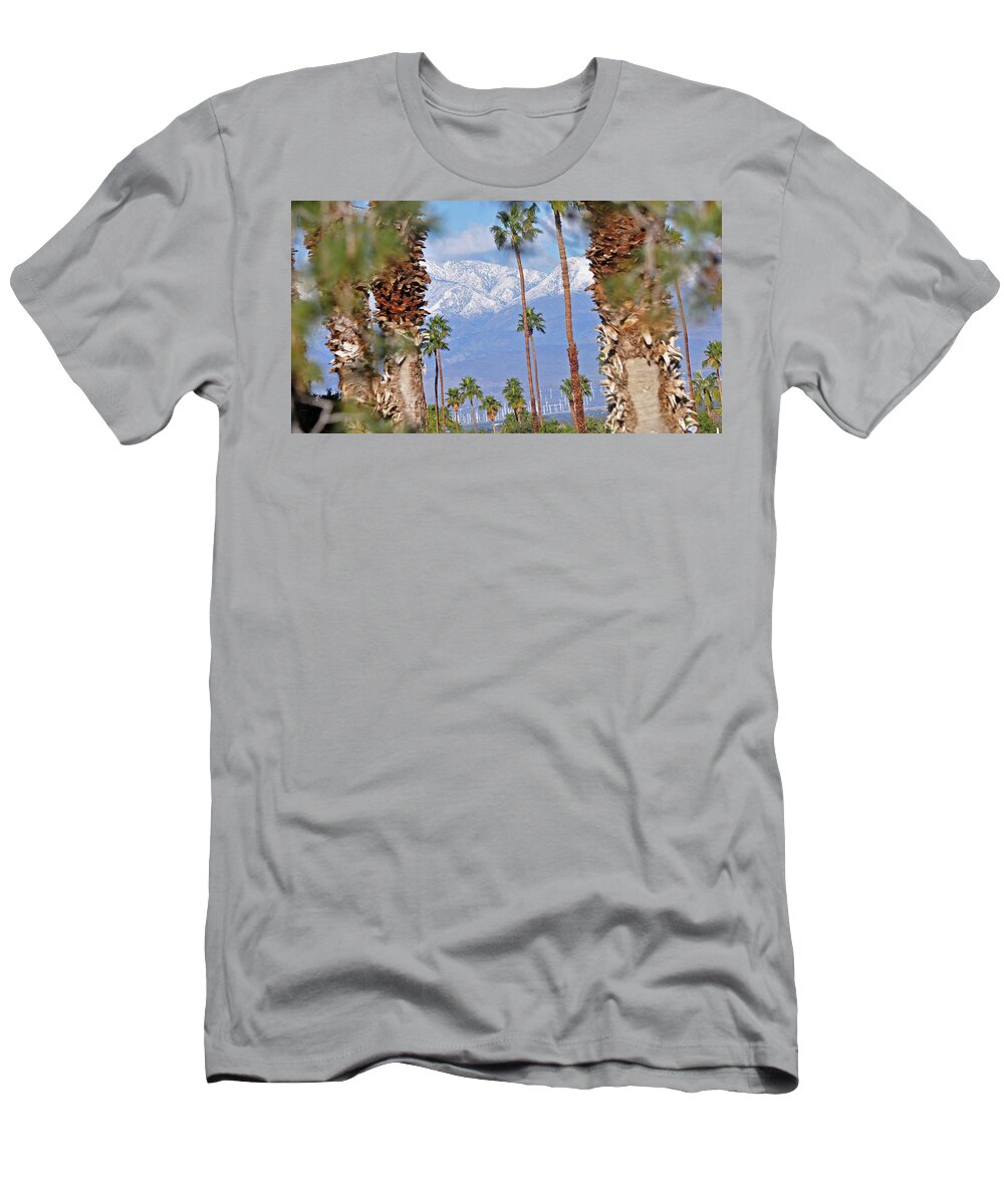 Landscapes. Snow T-Shirt featuring the photograph Palm Springs Mt. Range Plus Solar Windmills I 10 by Jay Milo