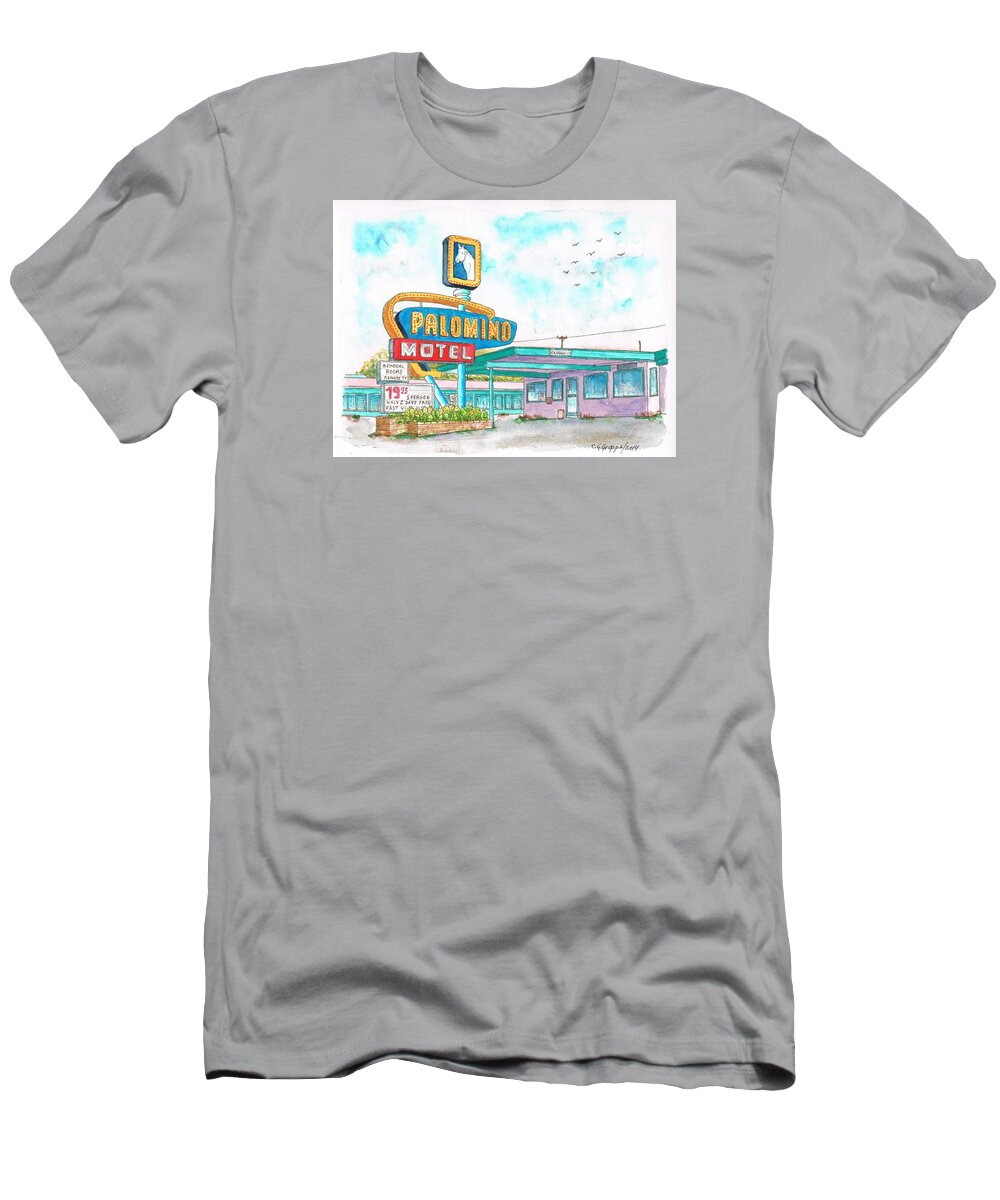Palomino Motel T-Shirt featuring the painting Palomino Motel in Route 66, Tucumcari, New Mexico by Carlos G Groppa