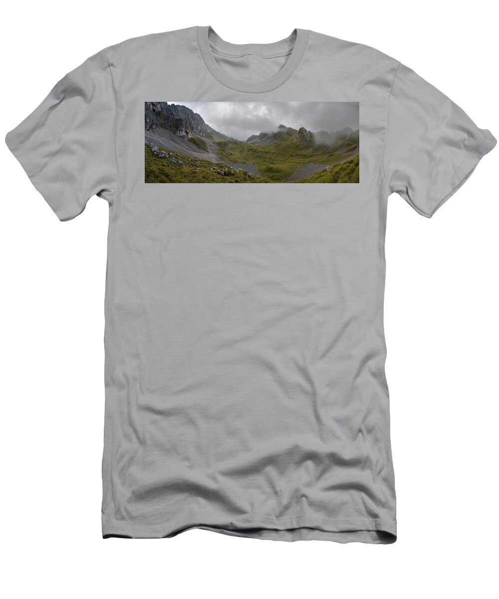 Panoramic T-Shirt featuring the photograph Panoramic view in high mountain with clouds approaching, Preasolana by Nicola Aristolao