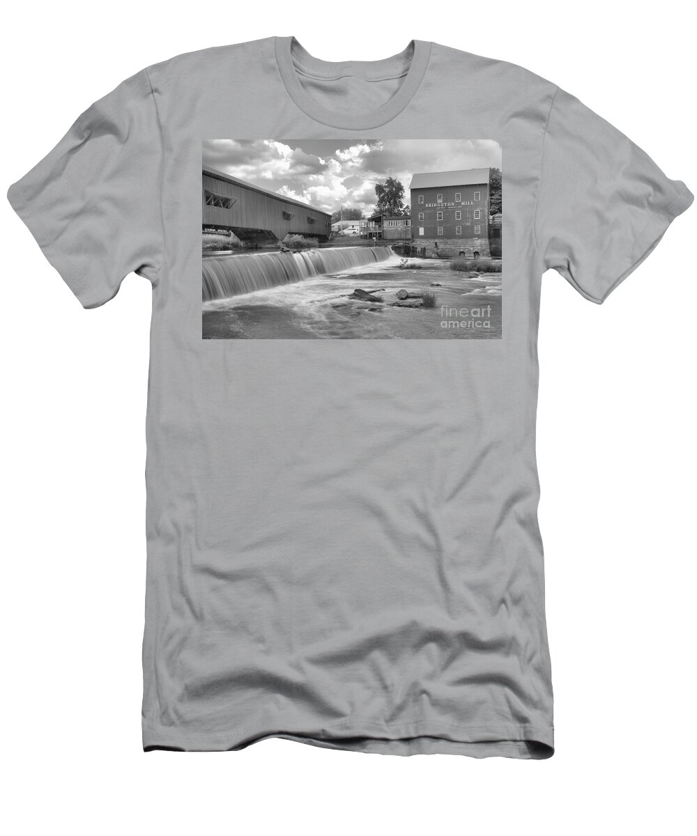 Bridgeton Indiana T-Shirt featuring the photograph Partly Cloudy Over The Bridgeton Spillway Black And White by Adam Jewell