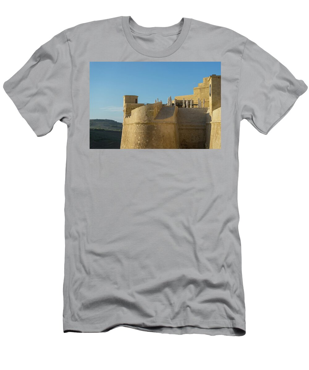 Past And Present T-Shirt featuring the photograph Past and Present - Gozos Cittadella with a Cool Open-air Restaurant by Georgia Mizuleva