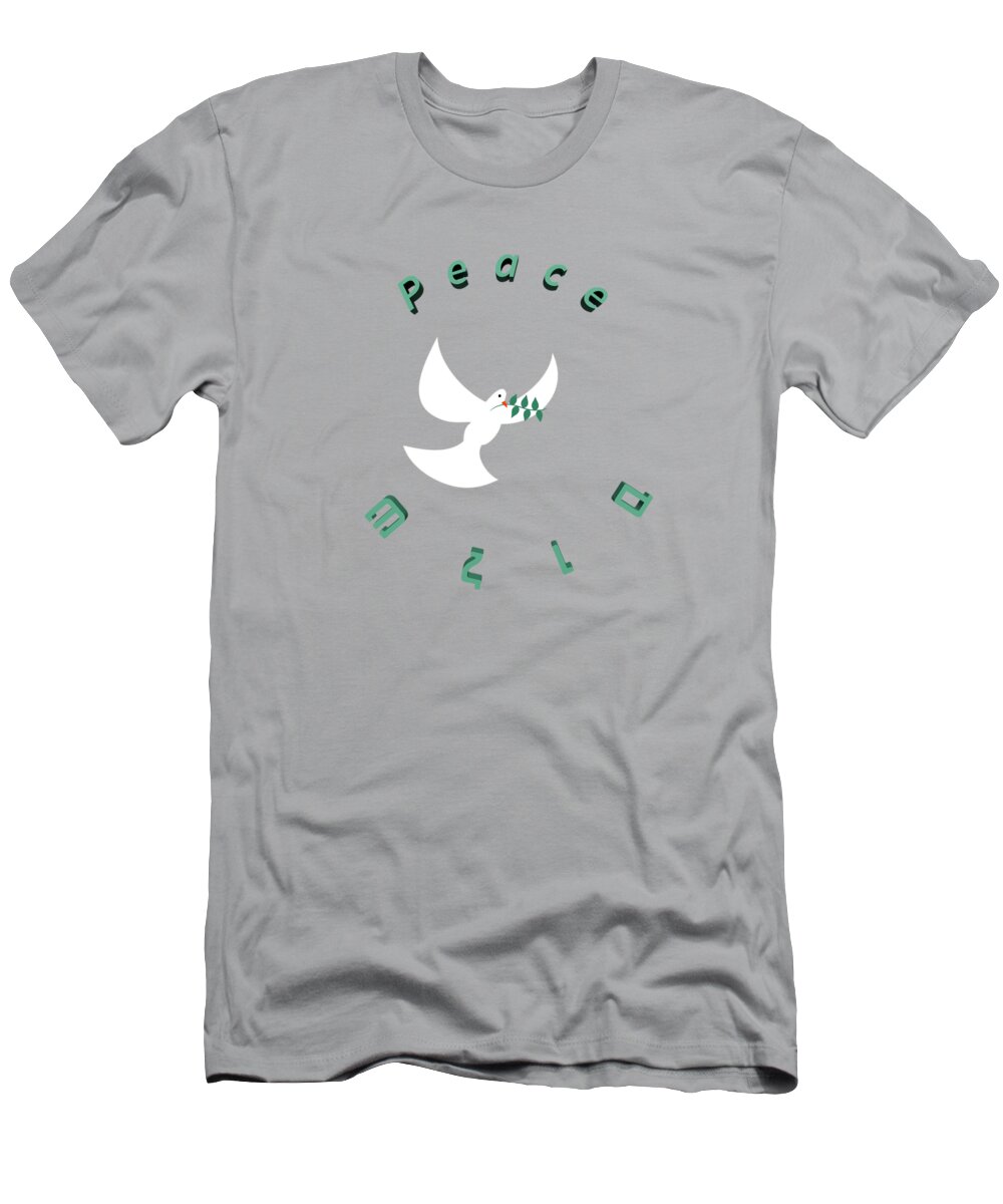 Let T-Shirt featuring the digital art Peace in English and Hebrew with white dove and olive leaf by Ilan Rosen