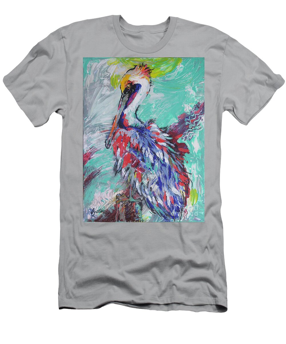 Pelican T-Shirt featuring the painting Pelican Perch by Jyotika Shroff