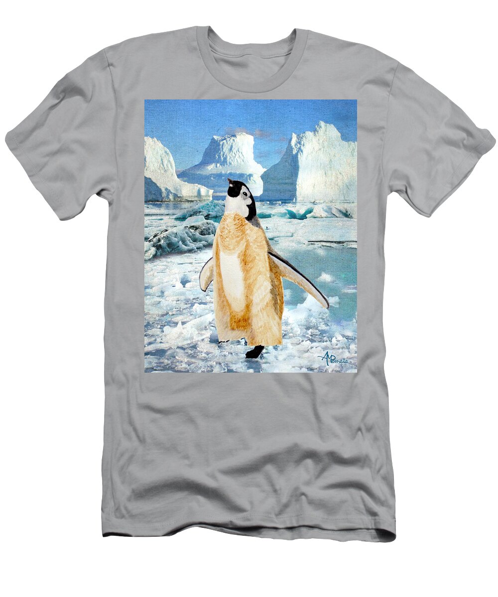 Emperor Penguin T-Shirt featuring the painting Penguin Chick In The Arctic by Angeles M Pomata