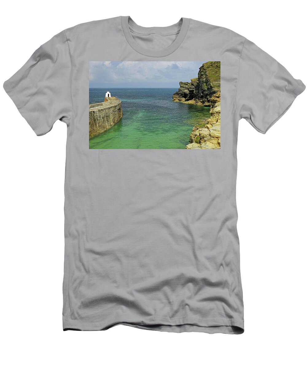 Britain T-Shirt featuring the photograph Pier, Lookout Hut and Cliffs, Portreath by Rod Johnson