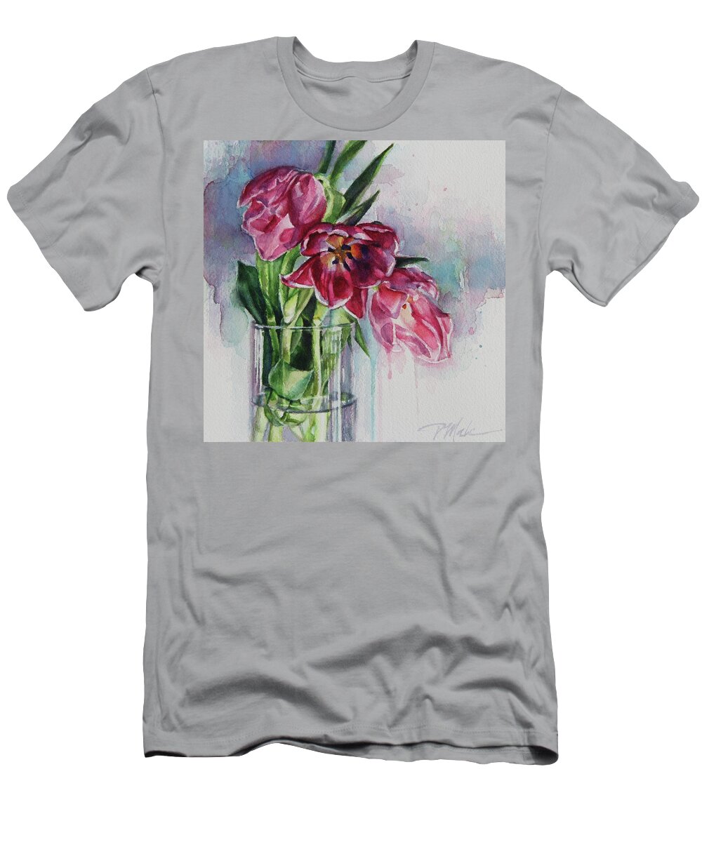 Watercolor T-Shirt featuring the painting Pink Tulips by Tracy Male