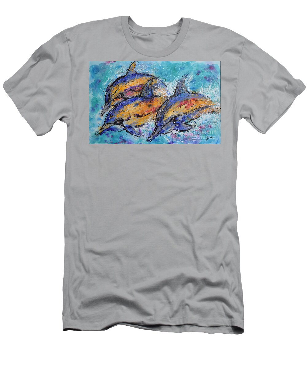 Dolphins T-Shirt featuring the painting Playful Dolphins by Jyotika Shroff