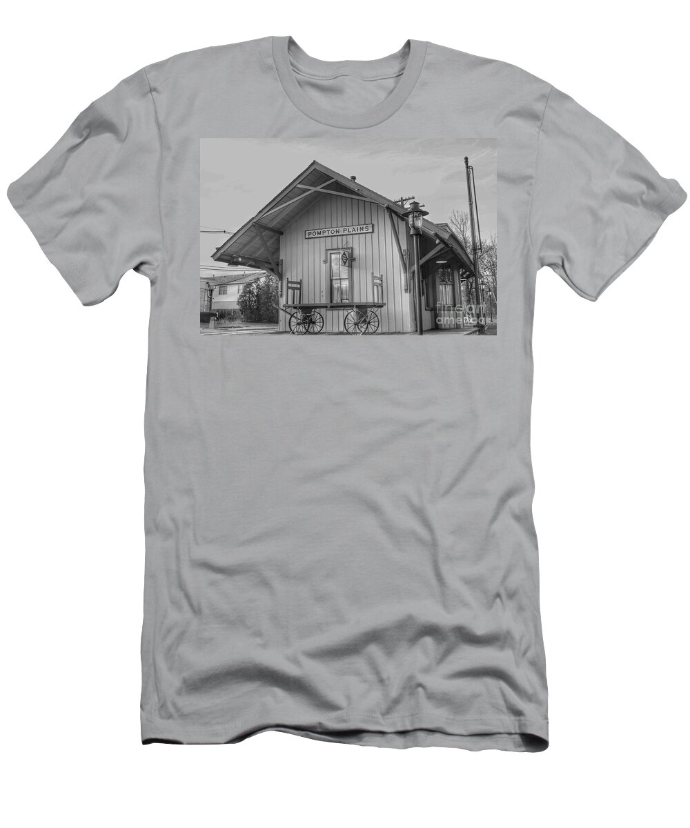 Pompton Plains T-Shirt featuring the photograph Pompton Plains Railroad Station and Baggage Cart by Christopher Lotito