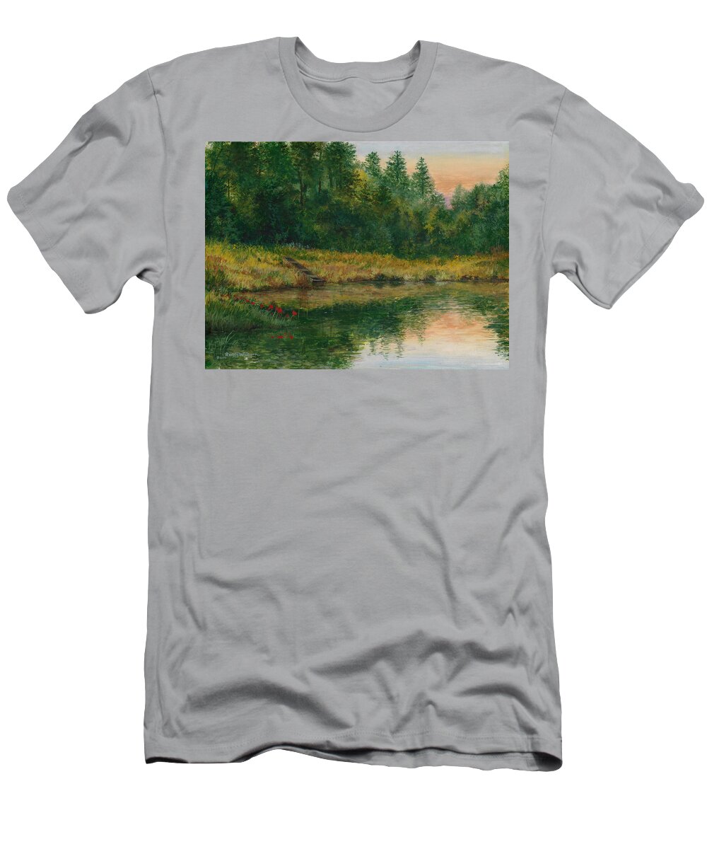 Texas T-Shirt featuring the painting Pond with Spider Lilies by Randy Welborn