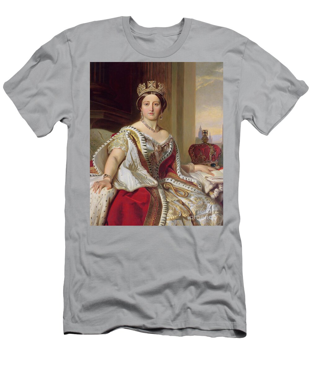 Female; Three-quarter Length; Seated; Crown; Ermine-trimmed Robe; Ermine; Jewellery; Jewelry; Queen; Royal; Imposing; Regal; Robes; Official; Formal; Young; Youth; Queen T-Shirt featuring the painting Portrait of Queen Victoria by Franz Xavier Winterhalter