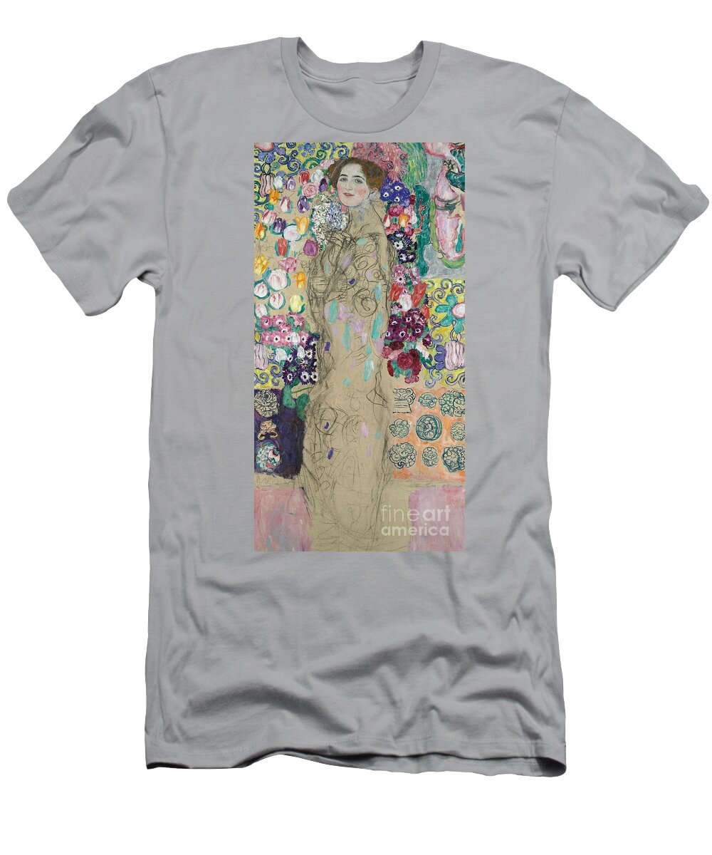 Female; 1910s; Symbolist; Viennese; Austrian Secession; Bright;colourful; Full Length; Standing; Smiling; Flowers; Pattern; Happy; Happiness; Drawing T-Shirt featuring the painting Portrait of Ria Munk III by Gustav Klimt