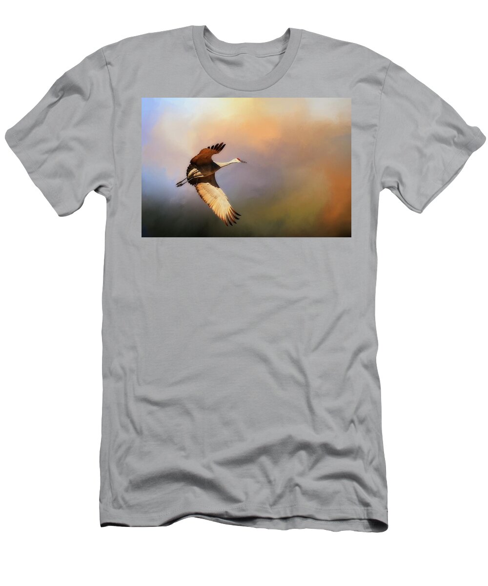 Nature T-Shirt featuring the photograph Power Stroke, Sandhill Crane, Bosque del Apache, New Mexico by Zayne Diamond Photographic